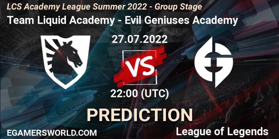 Pronósticos Team Liquid Academy - Evil Geniuses Academy. 27.07.2022 at 22:00. LCS Academy League Summer 2022 - Group Stage - LoL