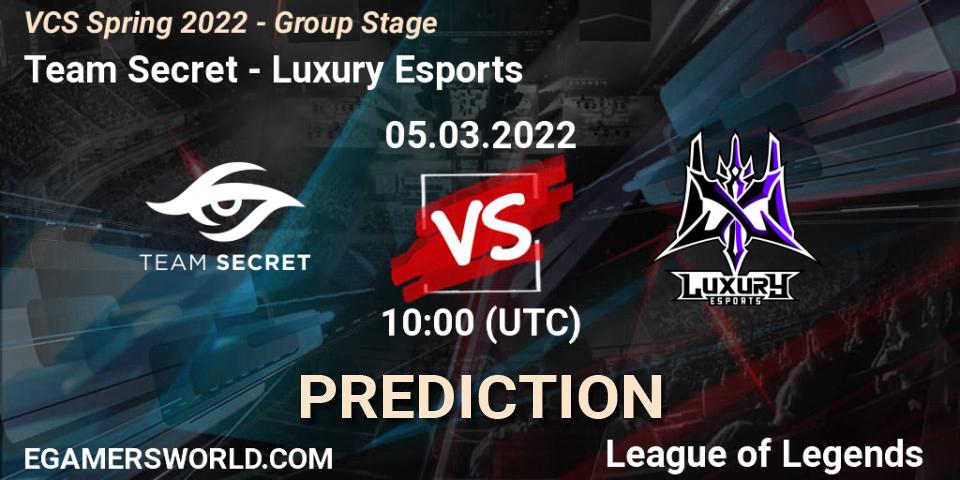 Pronósticos Team Secret - Luxury Esports. 05.03.2022 at 10:00. VCS Spring 2022 - Group Stage - LoL