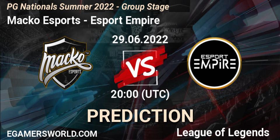 Pronósticos Macko Esports - Esport Empire. 29.06.2022 at 20:00. PG Nationals Summer 2022 - Group Stage - LoL