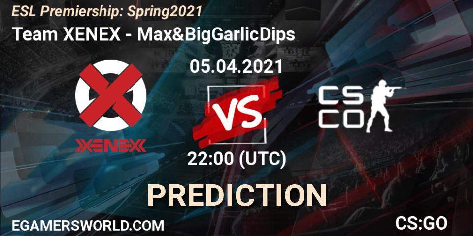 Pronósticos XENEX - Max&BigGarlicDips. 05.04.2021 at 21:00. ESL Premiership: Spring 2021 - Counter-Strike (CS2)