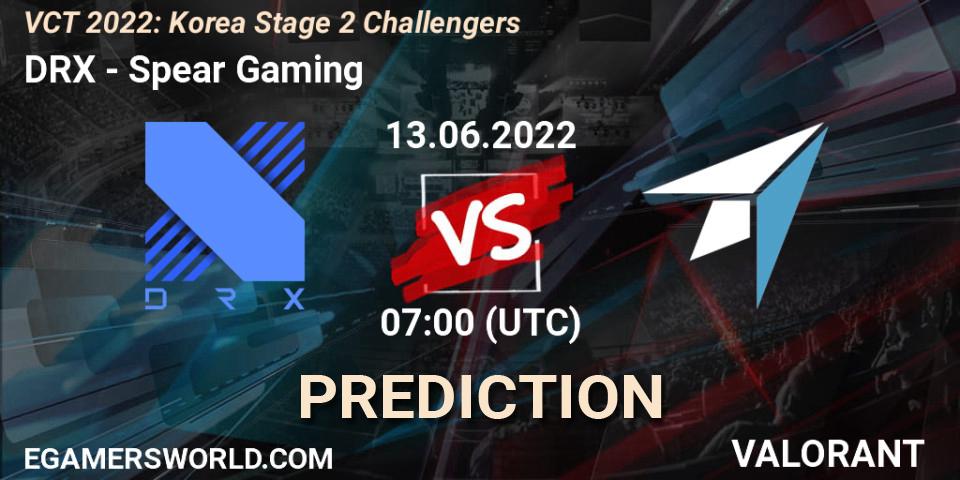 Pronósticos DRX - Spear Gaming. 13.06.2022 at 07:00. VCT 2022: Korea Stage 2 Challengers - VALORANT