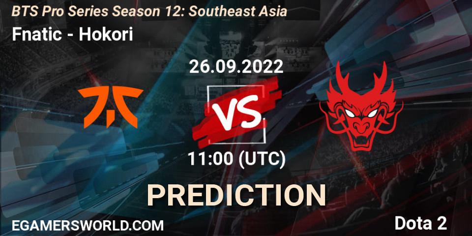 Pronósticos Fnatic - Hokori. 26.09.2022 at 11:16. BTS Pro Series Season 12: Southeast Asia - Dota 2