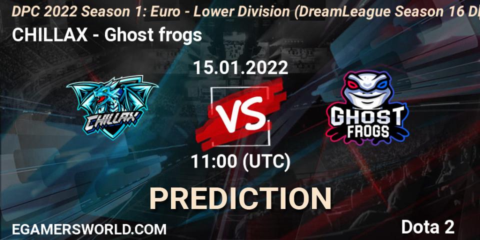 Pronósticos CHILLAX - Ghost frogs. 15.01.2022 at 10:55. DPC 2022 Season 1: Euro - Lower Division (DreamLeague Season 16 DPC WEU) - Dota 2