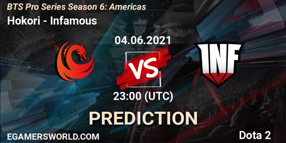 Pronósticos Hokori - Infamous. 04.06.2021 at 20:00. BTS Pro Series Season 6: Americas - Dota 2