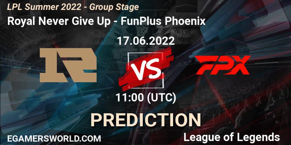 Pronósticos Royal Never Give Up - FunPlus Phoenix. 17.06.2022 at 11:00. LPL Summer 2022 - Group Stage - LoL