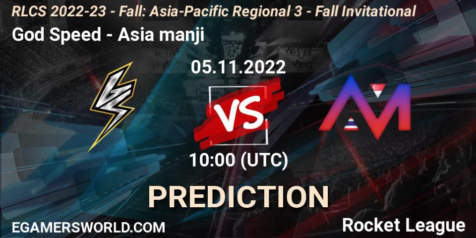 Pronósticos God Speed - Asia manji. 05.11.2022 at 10:00. RLCS 2022-23 - Fall: Asia-Pacific Regional 3 - Fall Invitational - Rocket League