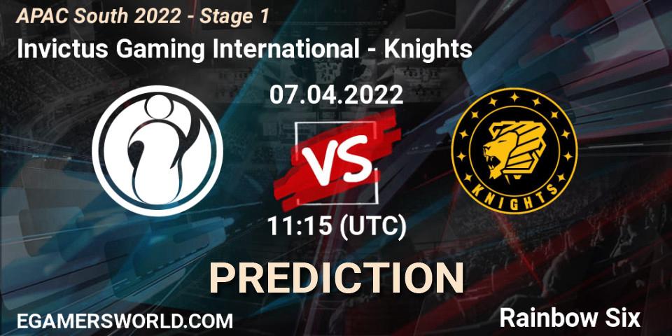 Pronósticos Invictus Gaming International - Knights. 07.04.2022 at 11:15. APAC South 2022 - Stage 1 - Rainbow Six