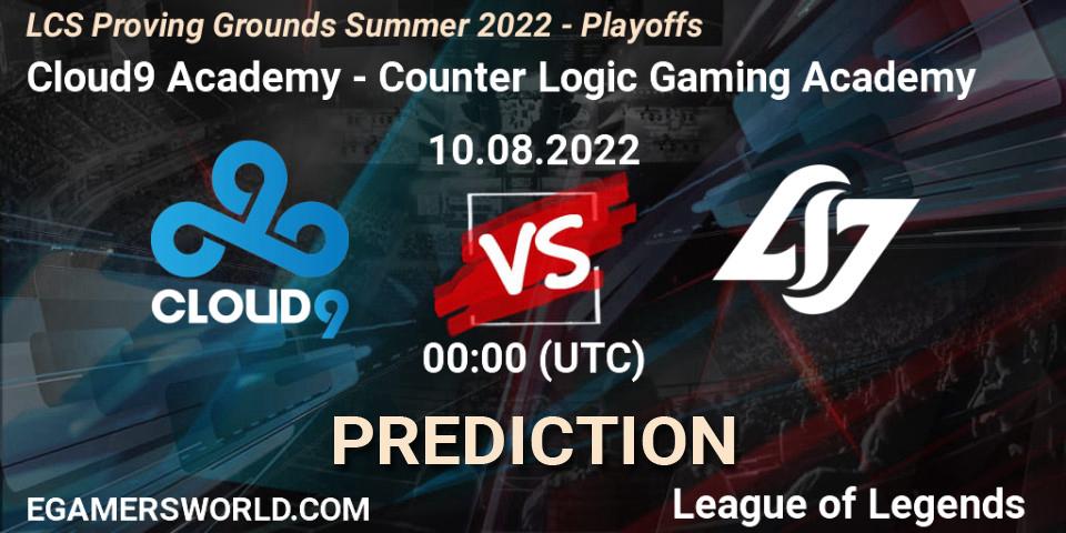 Pronósticos Cloud9 Academy - Counter Logic Gaming Academy. 10.08.2022 at 00:00. LCS Proving Grounds Summer 2022 - Playoffs - LoL