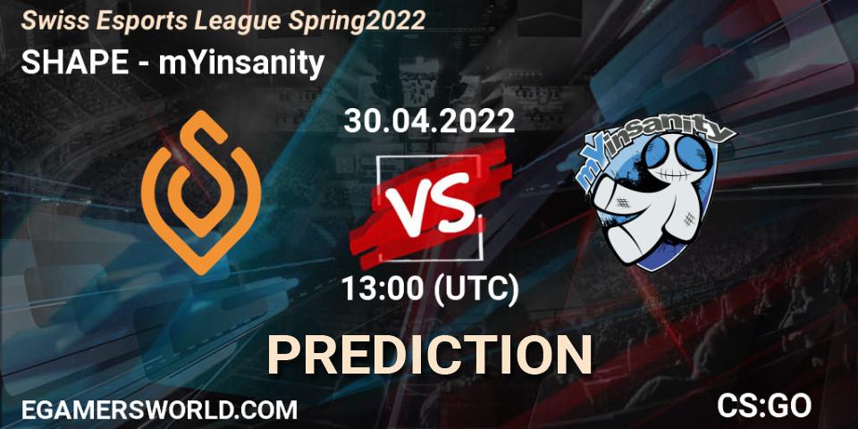 Pronósticos SHAPE - mYinsanity. 30.04.2022 at 13:00. Swiss Esports League Spring 2022 - Counter-Strike (CS2)