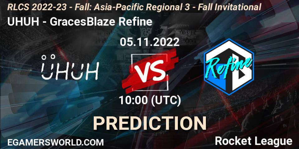 Pronósticos UHUH - GracesBlaze Refine. 05.11.2022 at 10:00. RLCS 2022-23 - Fall: Asia-Pacific Regional 3 - Fall Invitational - Rocket League