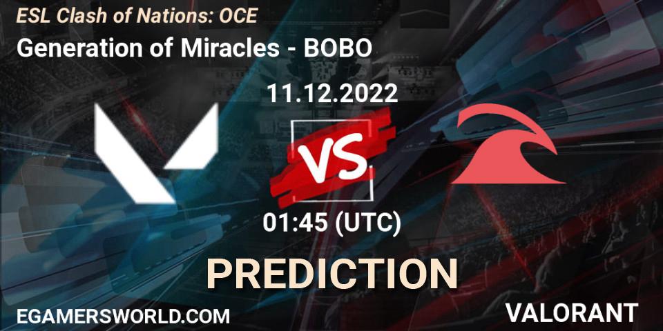 Pronósticos Generation of Miracles - BOBO. 11.12.2022 at 01:45. ESL Clash of Nations: OCE - VALORANT