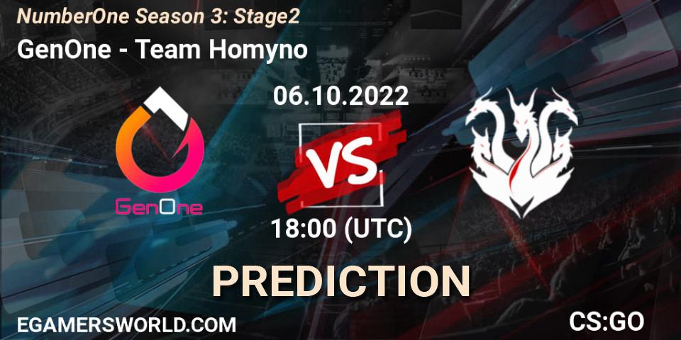 Pronósticos GenOne - Team Homyno. 06.10.2022 at 18:00. NumberOne Season 3: Stage 2 - Counter-Strike (CS2)