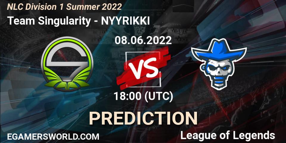 Pronósticos Team Singularity - NYYRIKKI. 08.06.2022 at 19:00. NLC Division 1 Summer 2022 - LoL