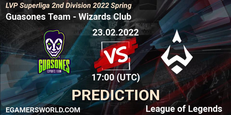Pronósticos Guasones Team - Wizards Club. 23.02.2022 at 21:20. LVP Superliga 2nd Division 2022 Spring - LoL