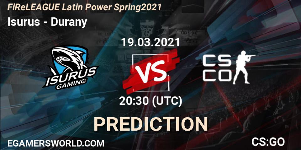 Pronósticos Isurus - Durany. 19.03.2021 at 20:50. FiReLEAGUE Latin Power Spring 2021 - BLAST Premier Qualifier - Counter-Strike (CS2)
