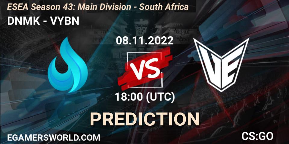 Pronósticos DNMK - VYBN. 15.11.2022 at 18:00. ESEA Season 43: Main Division - South Africa - Counter-Strike (CS2)
