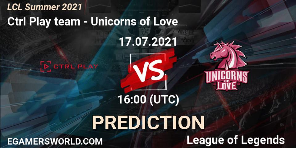 Pronósticos Ctrl Play team - Unicorns of Love. 17.07.2021 at 16:10. LCL Summer 2021 - LoL