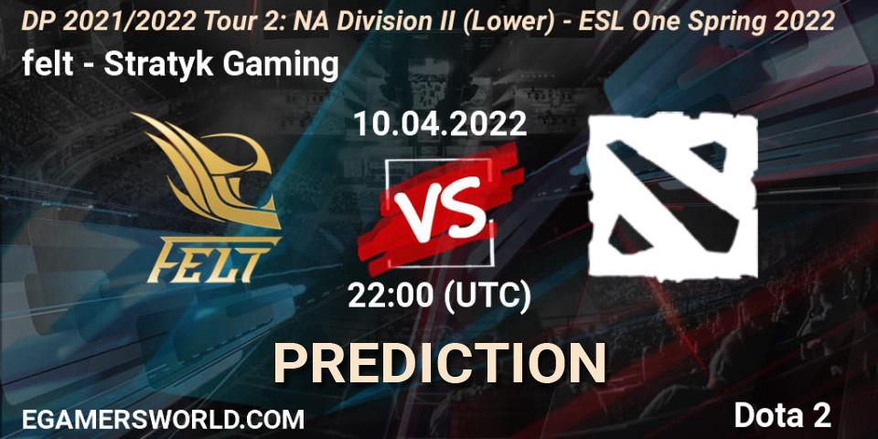 Pronósticos felt - Stratyk Gaming. 10.04.2022 at 21:55. DP 2021/2022 Tour 2: NA Division II (Lower) - ESL One Spring 2022 - Dota 2