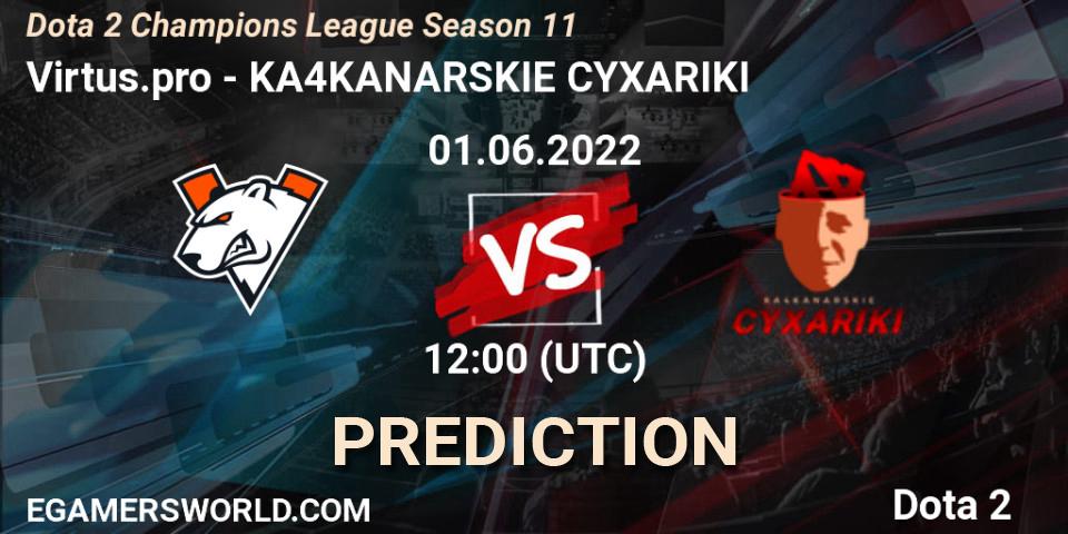 Pronósticos Virtus.pro - KA4KANARSKIE CYXARIKI. 01.06.2022 at 18:20. Dota 2 Champions League Season 11 - Dota 2