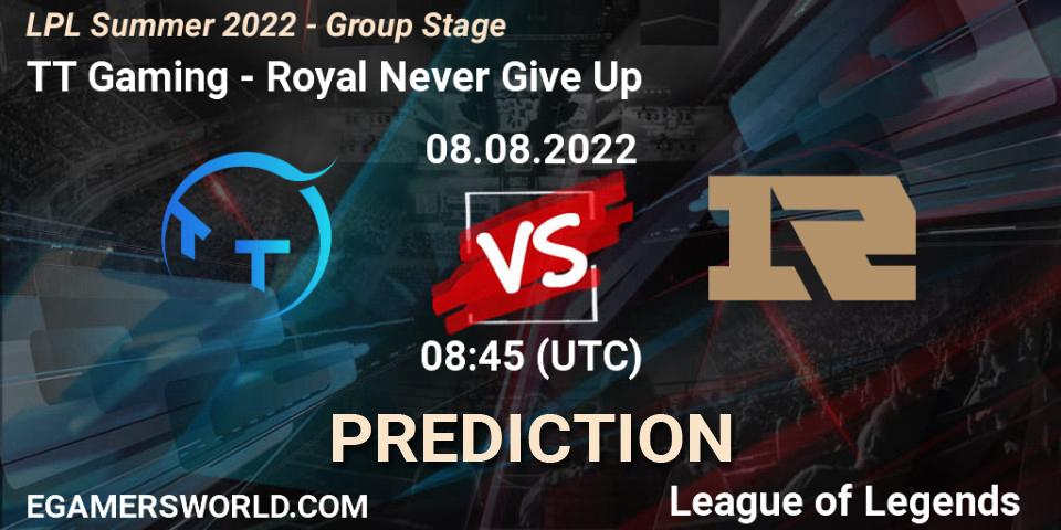 Pronósticos TT Gaming - Royal Never Give Up. 08.08.22. LPL Summer 2022 - Group Stage - LoL