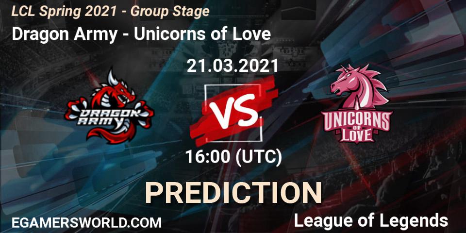 Pronósticos Dragon Army - Unicorns of Love. 21.03.2021 at 16:00. LCL Spring 2021 - Group Stage - LoL