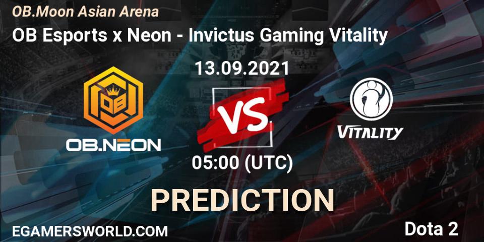 Pronósticos OB Esports x Neon - Invictus Gaming Vitality. 13.09.2021 at 05:08. OB.Moon Asian Arena - Dota 2