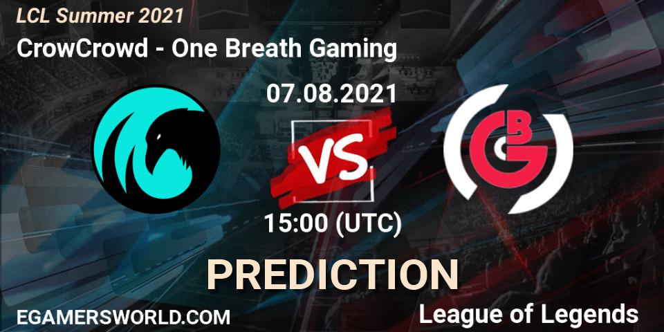 Pronósticos CrowCrowd - One Breath Gaming. 07.08.2021 at 14:55. LCL Summer 2021 - LoL