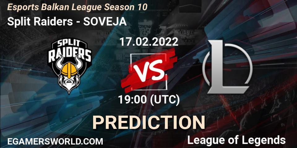 Pronósticos Split Raiders - SOVEJA. 17.02.2022 at 19:00. Esports Balkan League Season 10 - LoL