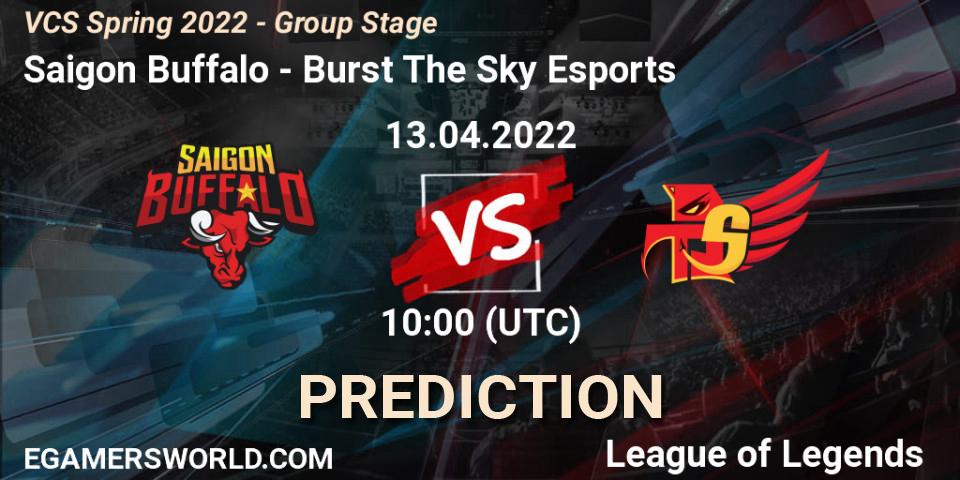 Pronósticos Saigon Buffalo - Burst The Sky Esports. 13.04.2022 at 10:00. VCS Spring 2022 - Group Stage - LoL