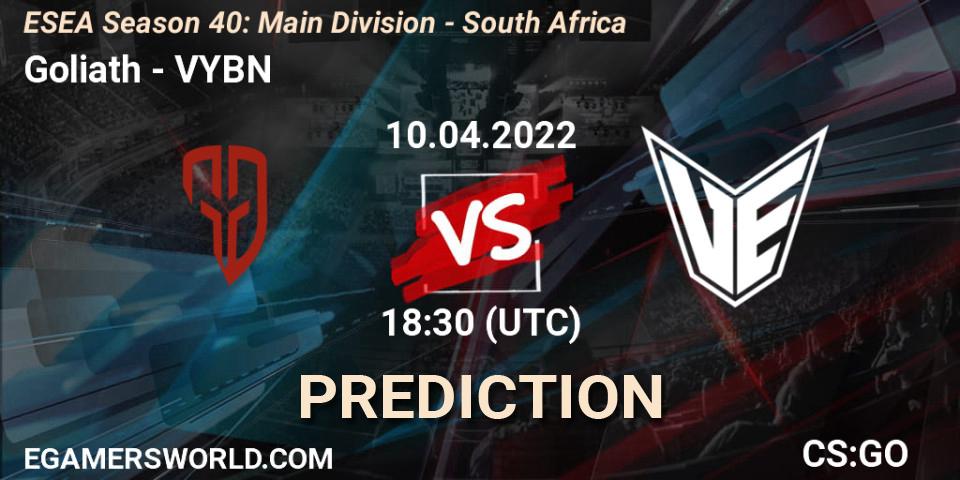 Pronósticos Goliath - VYBN. 11.04.2022 at 17:00. ESEA Season 40: Main Division - South Africa - Counter-Strike (CS2)