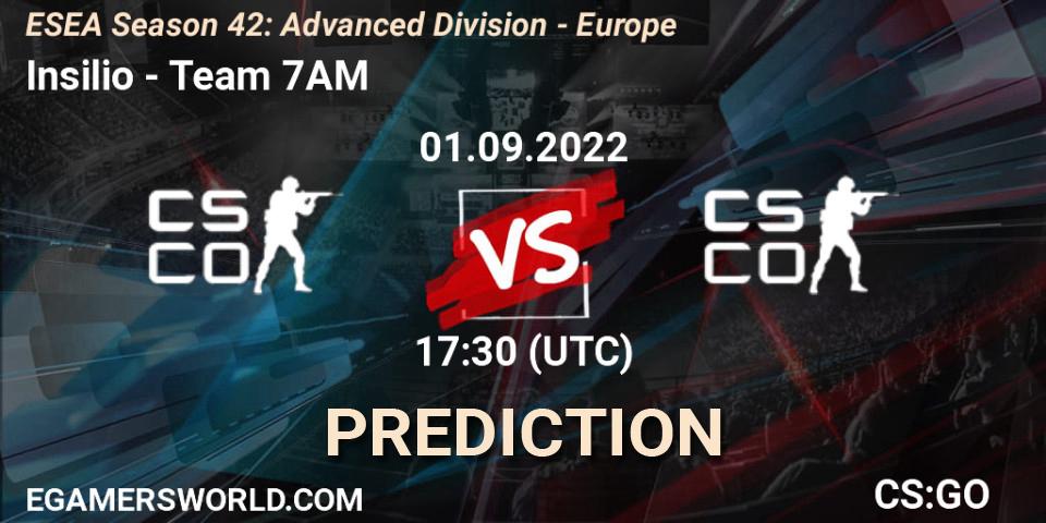 Pronósticos Insilio - Team 7AM. 01.09.2022 at 17:30. ESEA Season 42: Advanced Division - Europe - Counter-Strike (CS2)