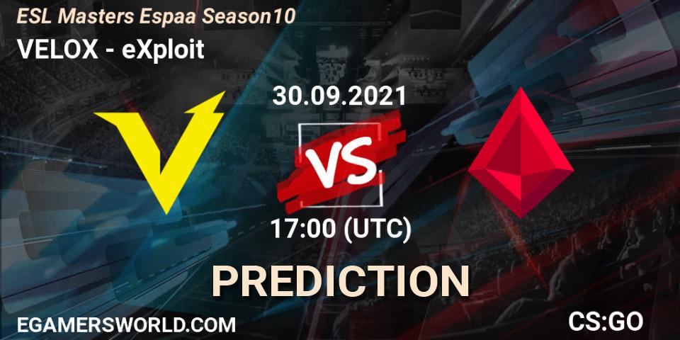 Pronósticos VELOX - eXploit. 30.09.2021 at 17:00. ESL Masters Spain Season 10 Finals - Counter-Strike (CS2)