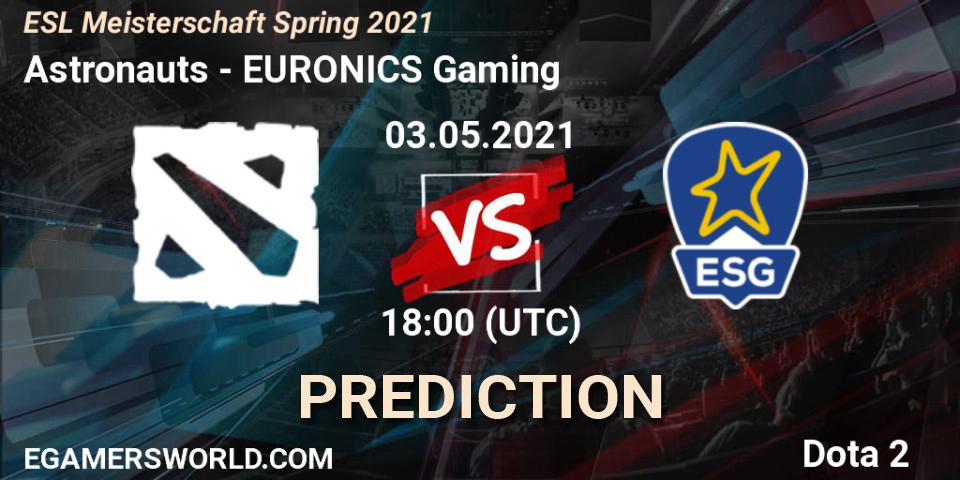 Pronósticos Astronauts - EURONICS Gaming. 03.05.2021 at 18:22. ESL Meisterschaft Spring 2021 - Dota 2