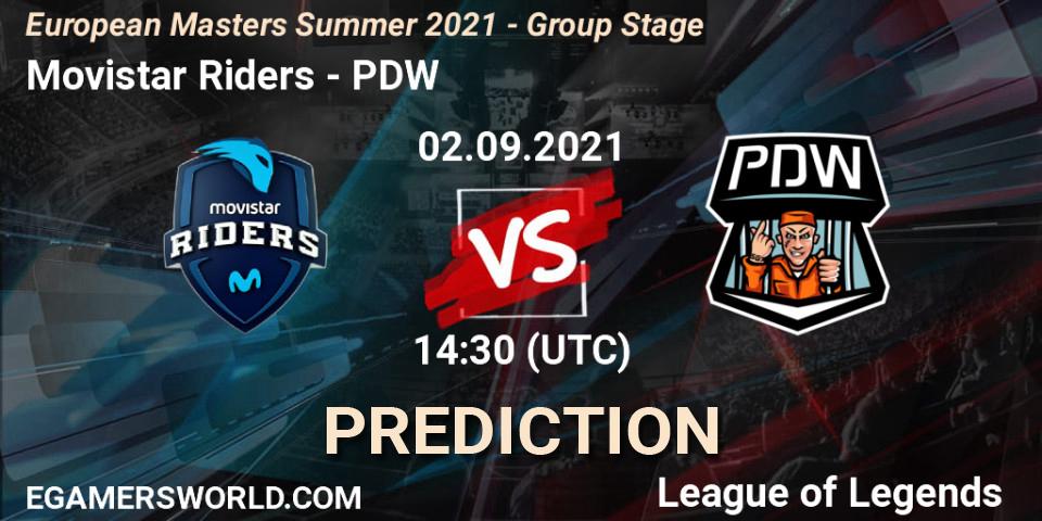 Pronósticos Movistar Riders - PDW. 02.09.2021 at 14:30. European Masters Summer 2021 - Group Stage - LoL
