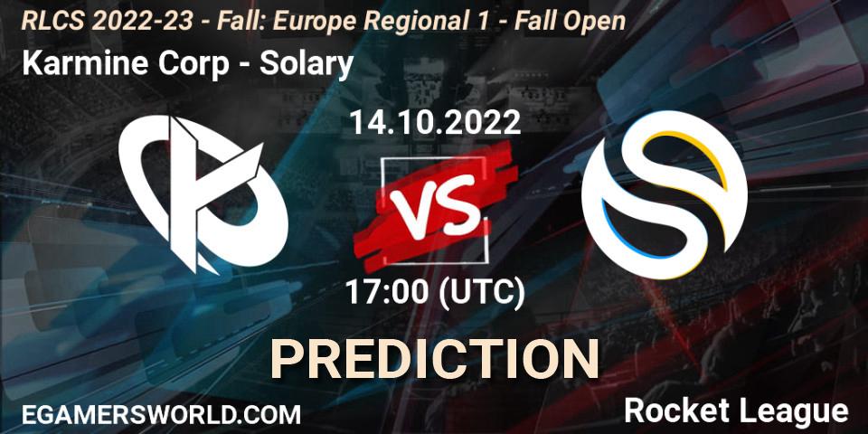 Pronósticos Karmine Corp - Solary. 14.10.2022 at 15:00. RLCS 2022-23 - Fall: Europe Regional 1 - Fall Open - Rocket League