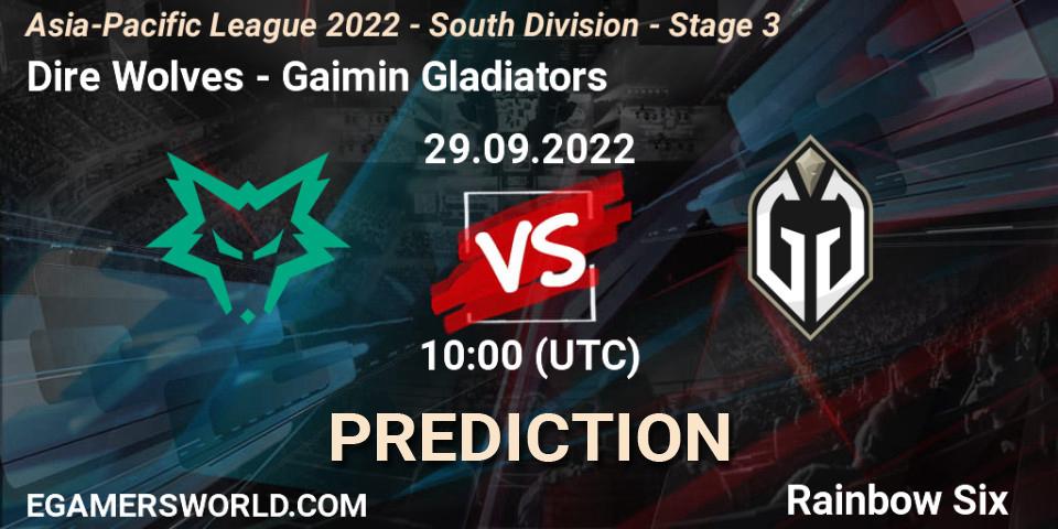 Pronósticos Dire Wolves - Gaimin Gladiators. 29.09.2022 at 10:00. Asia-Pacific League 2022 - South Division - Stage 3 - Rainbow Six