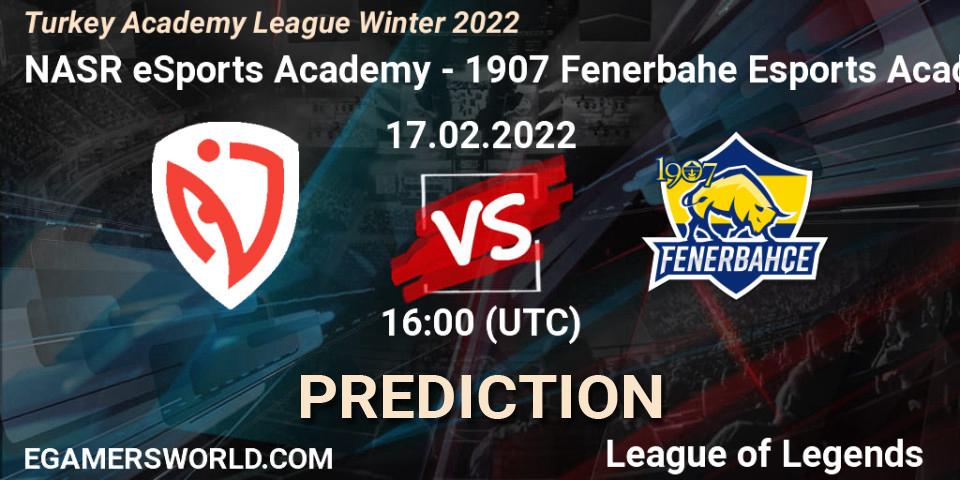 Pronósticos NASR eSports Academy - 1907 Fenerbahçe Esports Academy. 17.02.2022 at 16:00. Turkey Academy League Winter 2022 - LoL