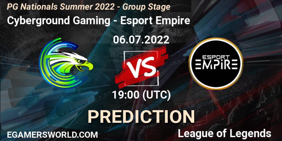 Pronósticos Cyberground Gaming - Esport Empire. 06.07.2022 at 19:00. PG Nationals Summer 2022 - Group Stage - LoL