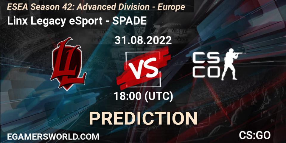 Pronósticos Linx Legacy eSport - SPADE. 31.08.2022 at 18:00. ESEA Season 42: Advanced Division - Europe - Counter-Strike (CS2)