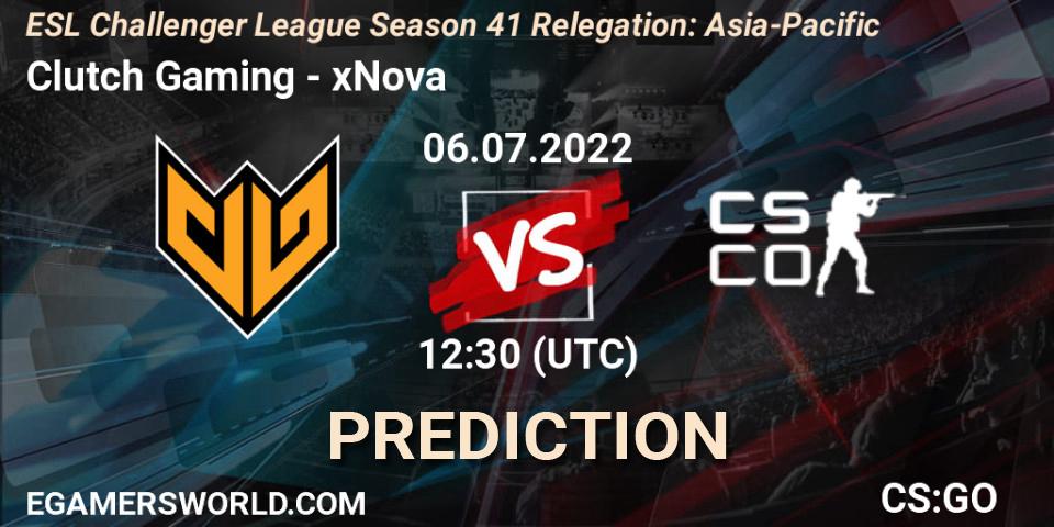Pronósticos Clutch Gaming - xNova. 06.07.2022 at 12:30. ESL Challenger League Season 41 Relegation: Asia-Pacific - Counter-Strike (CS2)