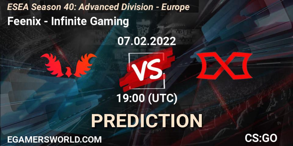 Pronósticos Feenix - Infinite Gaming. 07.02.2022 at 19:00. ESEA Season 40: Advanced Division - Europe - Counter-Strike (CS2)
