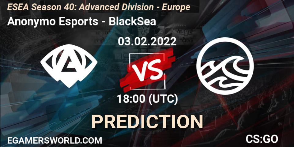 Pronósticos Anonymo Esports - BlackSea. 03.02.2022 at 18:00. ESEA Season 40: Advanced Division - Europe - Counter-Strike (CS2)