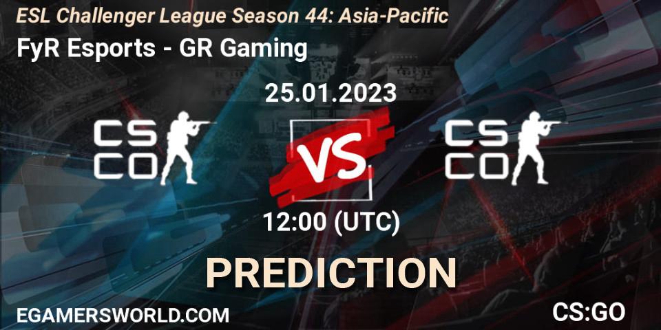 Pronósticos FyR Esports - GR Gaming. 25.01.2023 at 12:00. ESL Challenger League Season 44: Asia-Pacific - Counter-Strike (CS2)