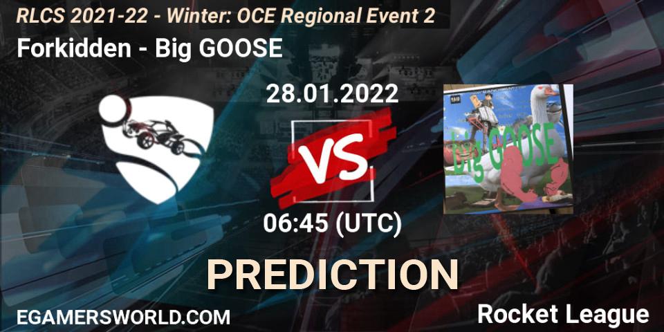 Pronósticos Forkidden - Big GOOSE. 28.01.2022 at 06:45. RLCS 2021-22 - Winter: OCE Regional Event 2 - Rocket League