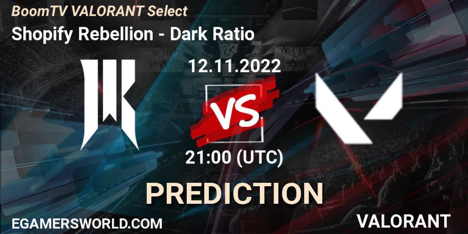Pronósticos Shopify Rebellion - Dark Ratio. 12.11.2022 at 21:00. BoomTV VALORANT Select - VALORANT