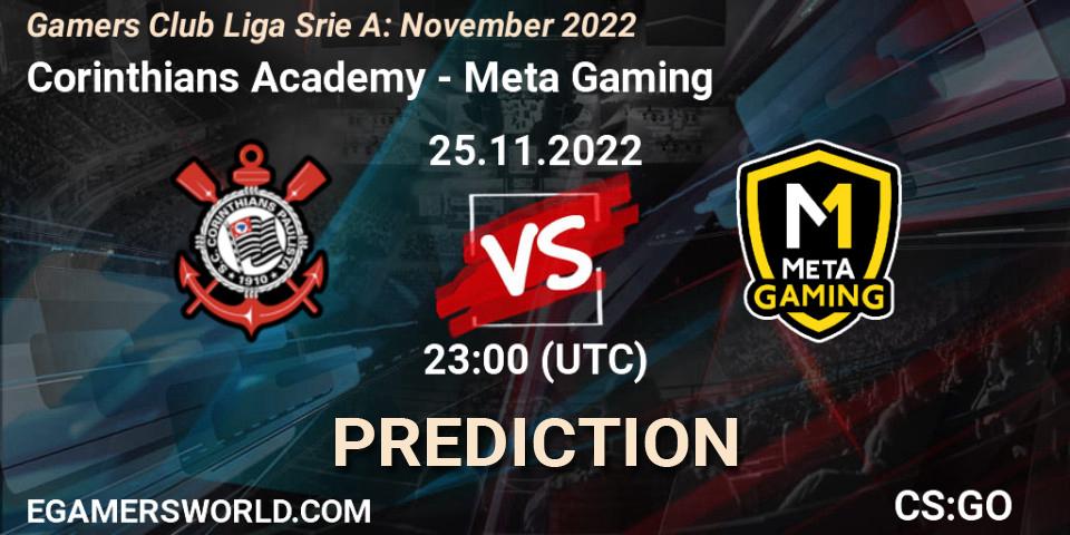 Pronósticos Corinthians Academy - Meta Gaming Brasil. 25.11.2022 at 23:00. Gamers Club Liga Série A: November 2022 - Counter-Strike (CS2)