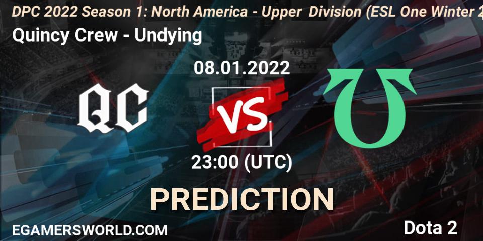Pronósticos Quincy Crew - Undying. 08.01.2022 at 22:55. DPC 2022 Season 1: North America - Upper Division (ESL One Winter 2021) - Dota 2