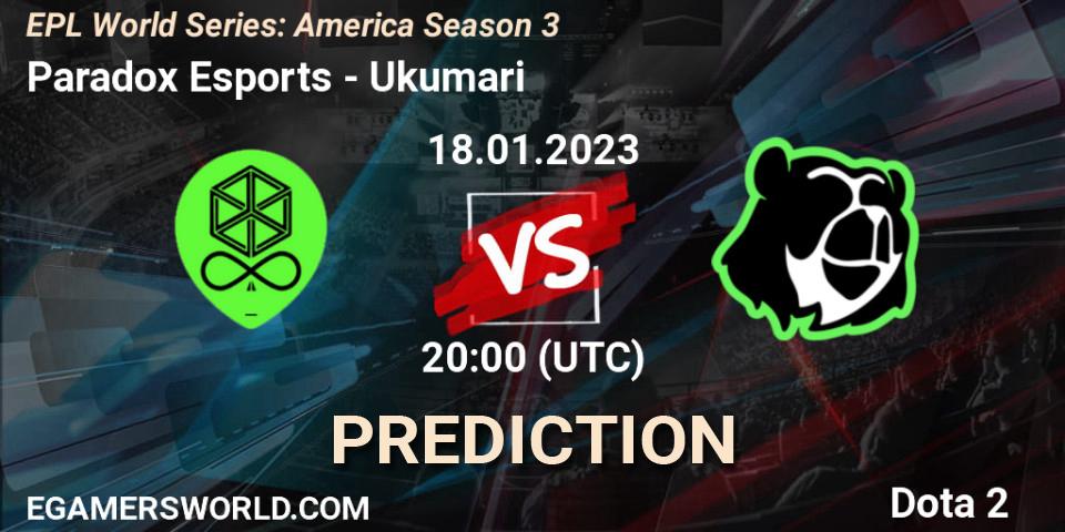 Pronósticos Paradox Esports - Ukumari. 18.01.2023 at 19:59. EPL World Series: America Season 3 - Dota 2