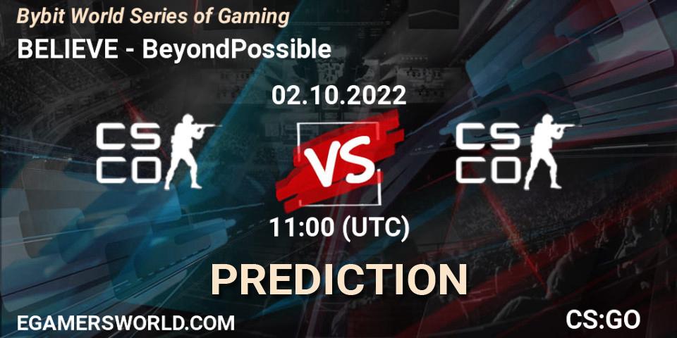 Pronósticos BELIEVE - BeyondPossible. 02.10.2022 at 11:00. Bybit World Series of Gaming - Counter-Strike (CS2)