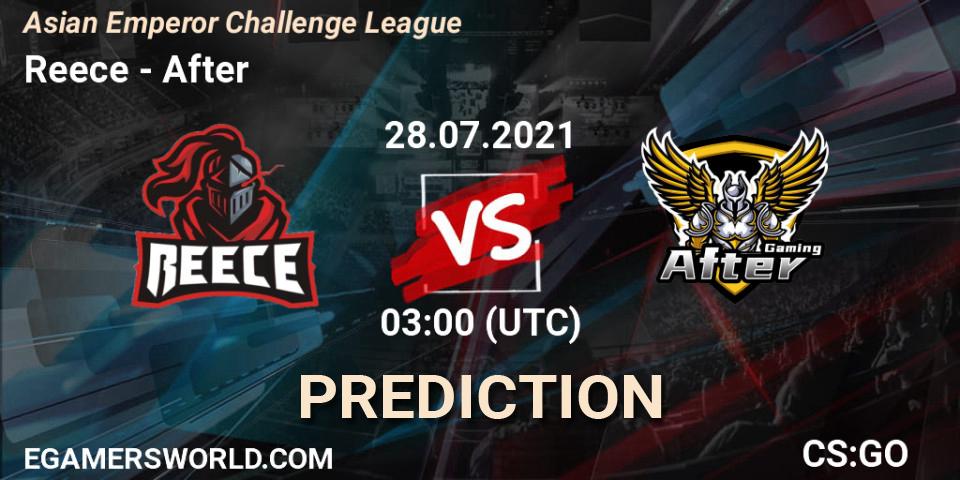 Pronósticos Reece - After. 28.07.2021 at 03:00. Asian Emperor Challenge League - Counter-Strike (CS2)